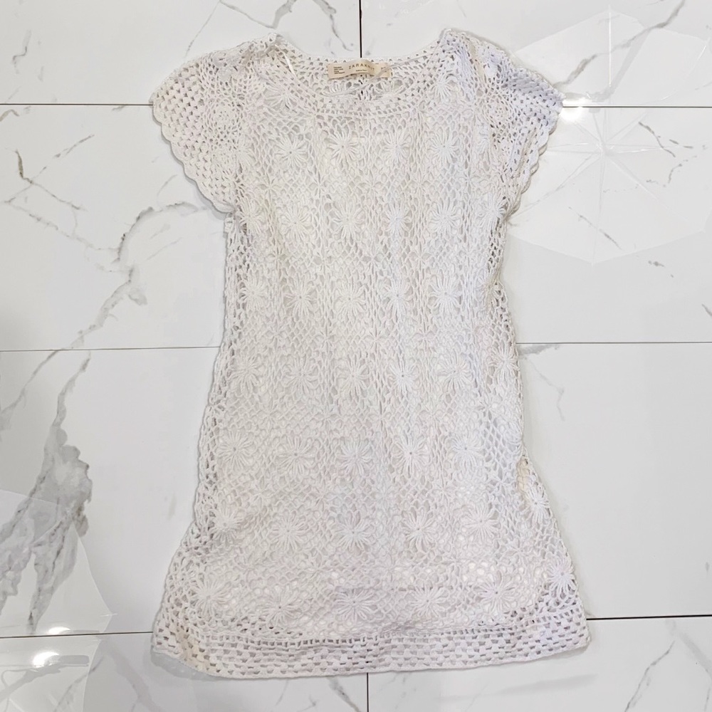 Zara Knit White Crochet Short Sleeve Top